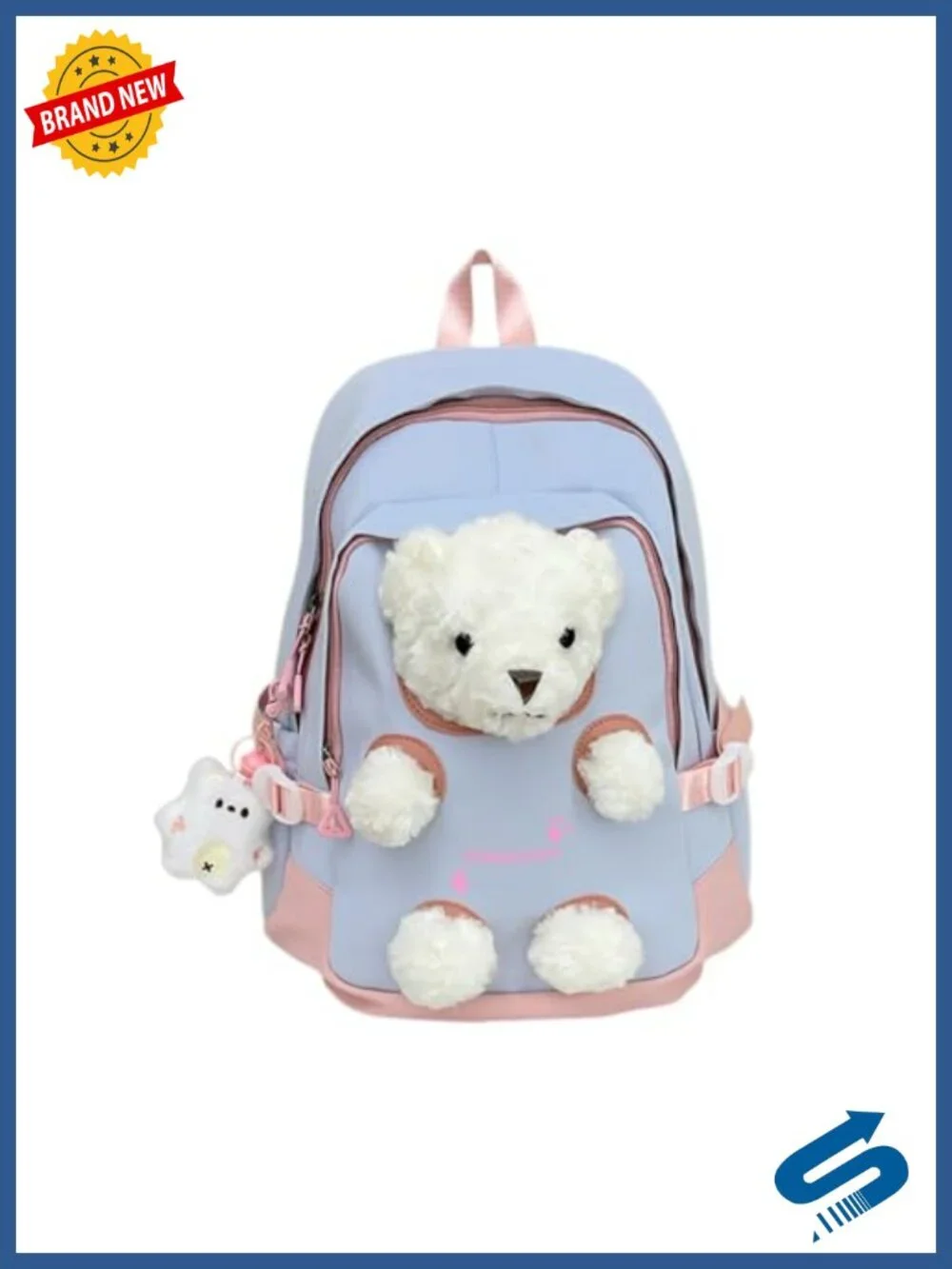 Detachable 3D Bear Plush Backpack with Pins - Kawaii Large Capacity Nylon